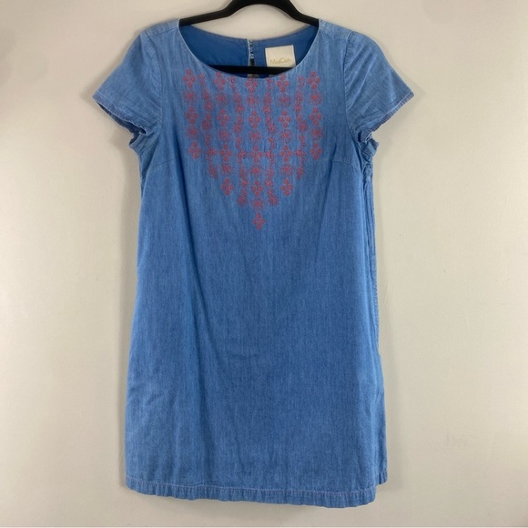 ModCloth Women’s Denim Short Sleeve Embroidered Chest Fully Lined Mini Dress Sm - Picture 2 of 14